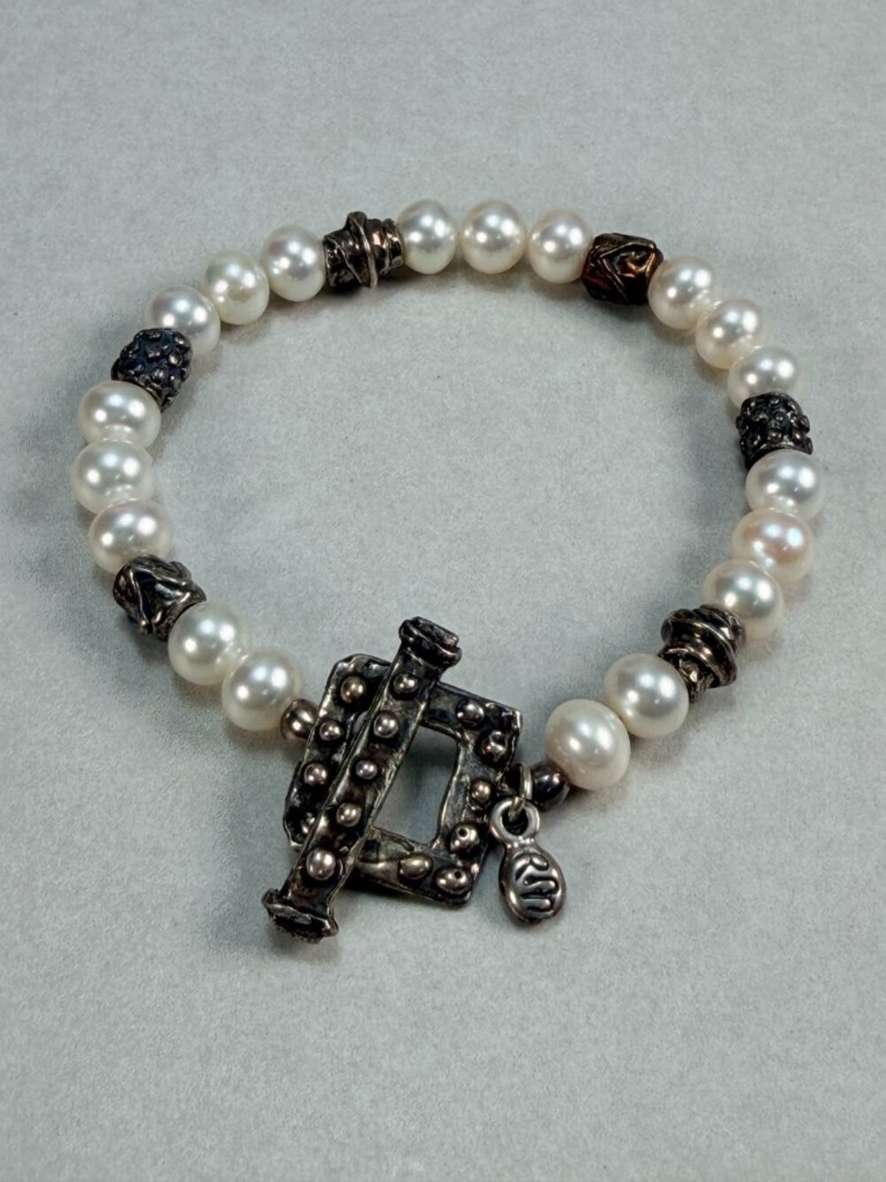 Vintage Sterling Silver And Freshwater Pearl Toggle Bracelet Beaded Boho